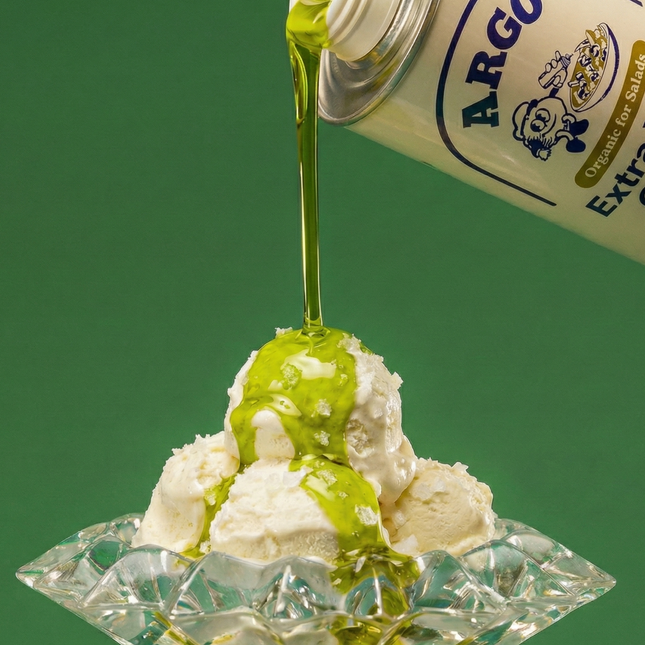 Olive oil being poured from a can onto a dessert with a green background